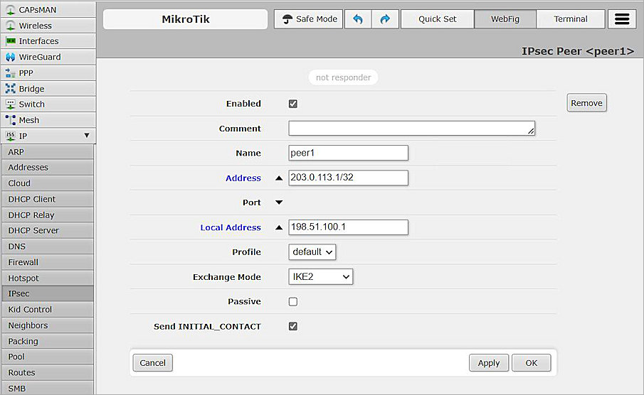 Screen shot of the IPSec settings for the peer